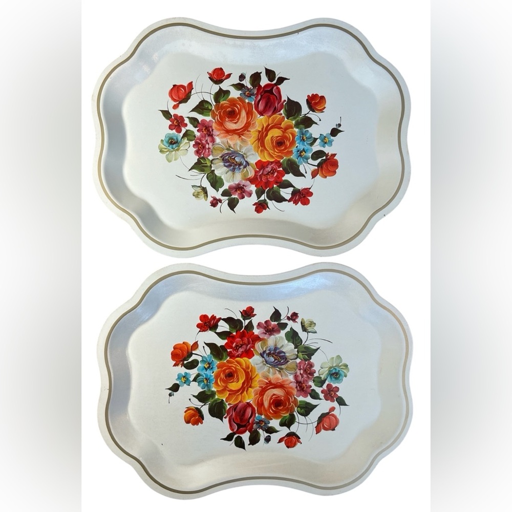 *SOLD* 50s Vintage Hand Painted Toleware Floral Metal Serving Tray, Trinket Tray